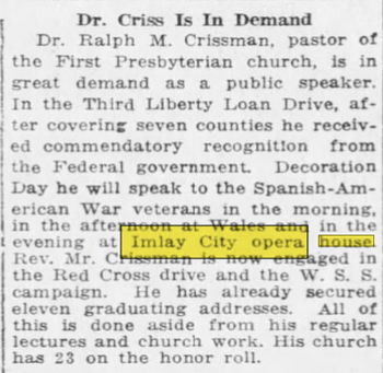 Imlay City Opera House - May 24 1918 Article